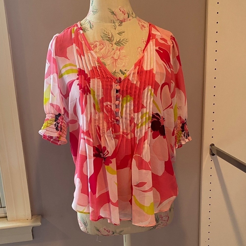 1. State Vibrant Pink and Red Floral Blouse